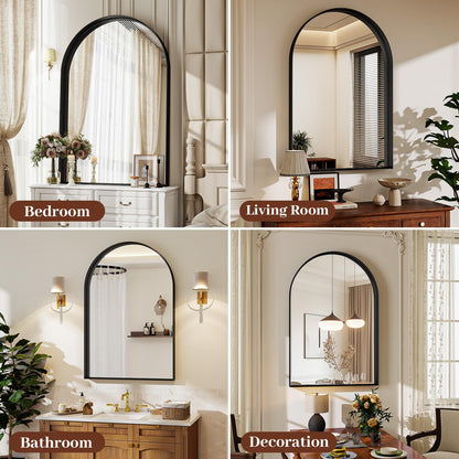 Riskioir 24" x 36" Luxury Arched Bathroom Mirror - Arch Wall Mirror with Shatterproof Tempered Glass and Metal Deep Frame, Hanging or Leaning for Living Room, Dresser, Entrance and Hallway, Black