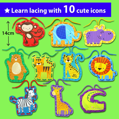 KRAFUN Safari Animal Preschool Arts & Crafts Lacing Kit, 10 Easy Lacing Cards for Toddlers Fine Motor Skills