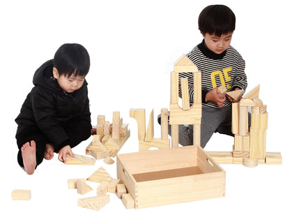 Standard Unit Building Blocks for Toddlers with Storage Tray (64 Pcs) Sanded Wood Blocks for Children, Original STEAM, and STEM Learning, Classic Wooden Toys for Kids Parties and Classrooms