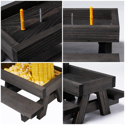 Squirrel Feeder Picnic Table, Squirrel Feeders for Outside with Umbrella and Flag, Black Wood Squirrel Feeder with Corn Cob Holder Cute Chipmunk Feeder for Yard and Porch Decoration