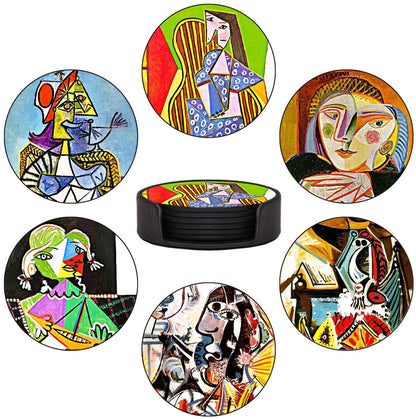 ABCHCHS Coasters Set of 6 - Pablo Picasso Style- PU Leather Coasters for Drinks with Holder - Handmade Round Drink Coasters Set for Home Decor and Housewarming Gift