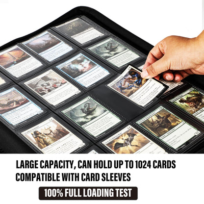 KarlyPro Premium 1000+ Pockets Card Binder, 16-Pocket Ringless Trading Card Album Folder Tag Design -Double Side Loading UltraSonic-1024 Tech Zip Binder for TCG-Black