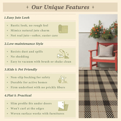 Washable Plaid Indoor Outdoor Rug 3x5 for Front Porch, Entryway, Patio, No Shed Easy Jute Non Slip TPR Backing Area Rug for Large Kitchen, Farmhouse Black & Tan Checkered Seegrass Aesthetic