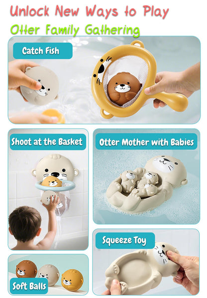 Rinnland Otter Bath Toy, Otter Family Tub Toy Bathtub Floating Toy for Kids - Soft Vinyl and ABS Plastic Material - No Hole One-Piece Design (Otter Playset + Baketball Hoop + Fishing Net + 2 Balls)