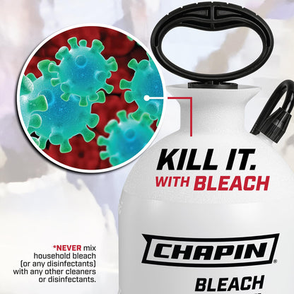 Chapin 22074 Bleach Pump Sprayer, 2‑Gallon, Lawn & Garden, Bleach‑Resistant Poly Tank, Funnel‑Top, Anti‑Clog Filter, Adjustable Cone Nozzle, 40" Hose for Cleaning, Mold & Disinfecting Applications