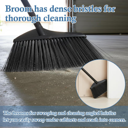Primero Basics Black Broom for Floor Cleaning, 35" Heavy Duty Iron Handle Angled Broom with Stiff Bristles, Manual Sweeper for Kitchen, Apartment, RV, Small Spaces, Indoor Outdoor Use, 2 Pack