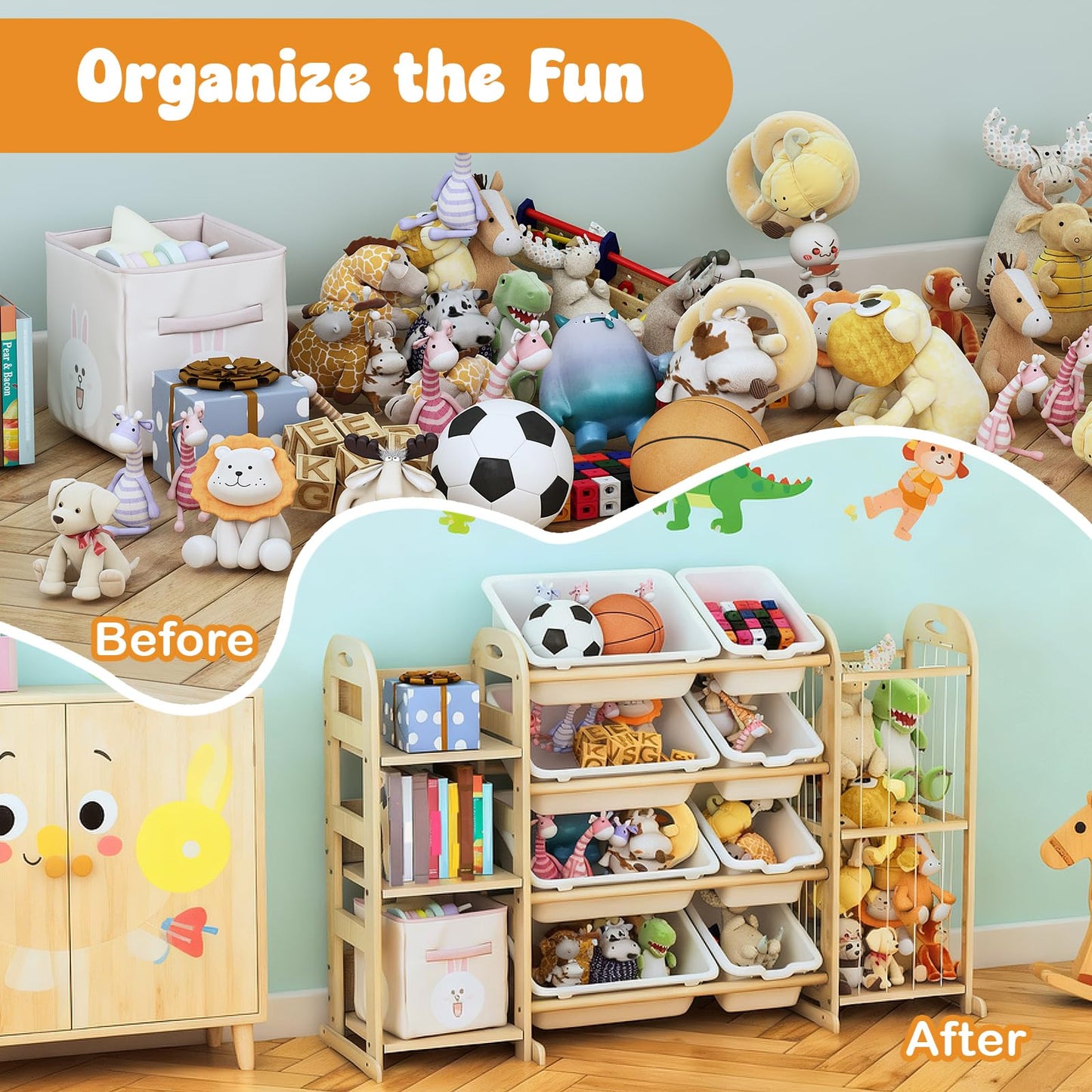 Wooden Toy Storage Organizer, Toy Organizers & Storage with Stuffed Animal Storage, Toy Storage Shelf with 3 Shelves, 8 Storage Bins, Kids Bookshelf, Toy Holder for Toddler Rooms, Playrooms, Bedrooms