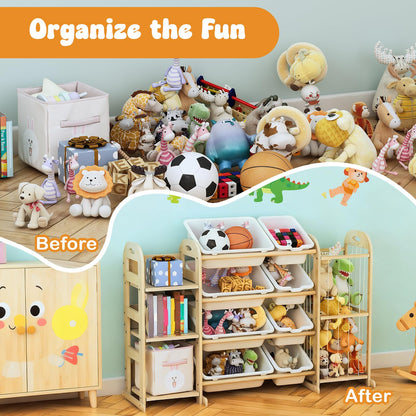 Wooden Toy Storage Organizer, Toy Organizers & Storage with Stuffed Animal Storage, Toy Storage Shelf with 3 Shelves, 8 Storage Bins, Kids Bookshelf, Toy Holder for Toddler Rooms, Playrooms, Bedrooms