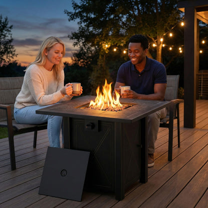 HOTEAGLE 30" Propane Fire Pit with Premium Ceramic Tabletop, 50000 BTU Powerful Gas Firepit Table - Includes Lid and Lava Rocks, Ideal Outdoor Fire Pit for Dining, Party in Patio, Garden, Yard