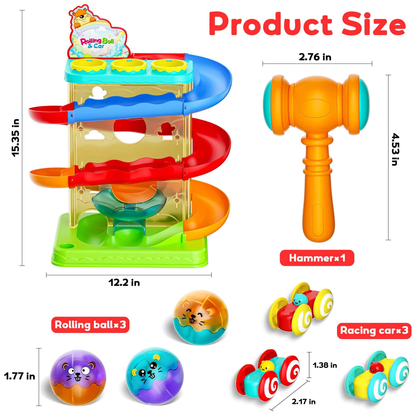 2-in-1 Rolling Ball & Car Ramp Race Track for Toddlers, Hammer Ball Drop Toy for Boys & Girls, Interactive Toys w/Sensor Lights - Montessori STEM Learning Toys - Brithday Gift for Kids 1-5+ Year Old
