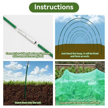 Garden Netting Kit for Raised Beds, 10x30FT Green Ultra Fine Mesh Netting ＆6 Sets of 8FT Garden Hoops, Insect Netting Row Cover Net Protect Plants Vegetable Fruits Flowers