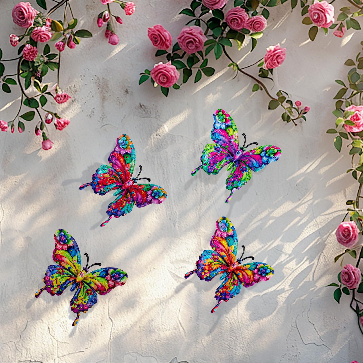 SUNREEK 4Pcs Metal Butterfly Wall Decor, 9 Inches Butterfly Outdoor Wall Art for Fence Garden Yard Room Patio Balcony Decorations