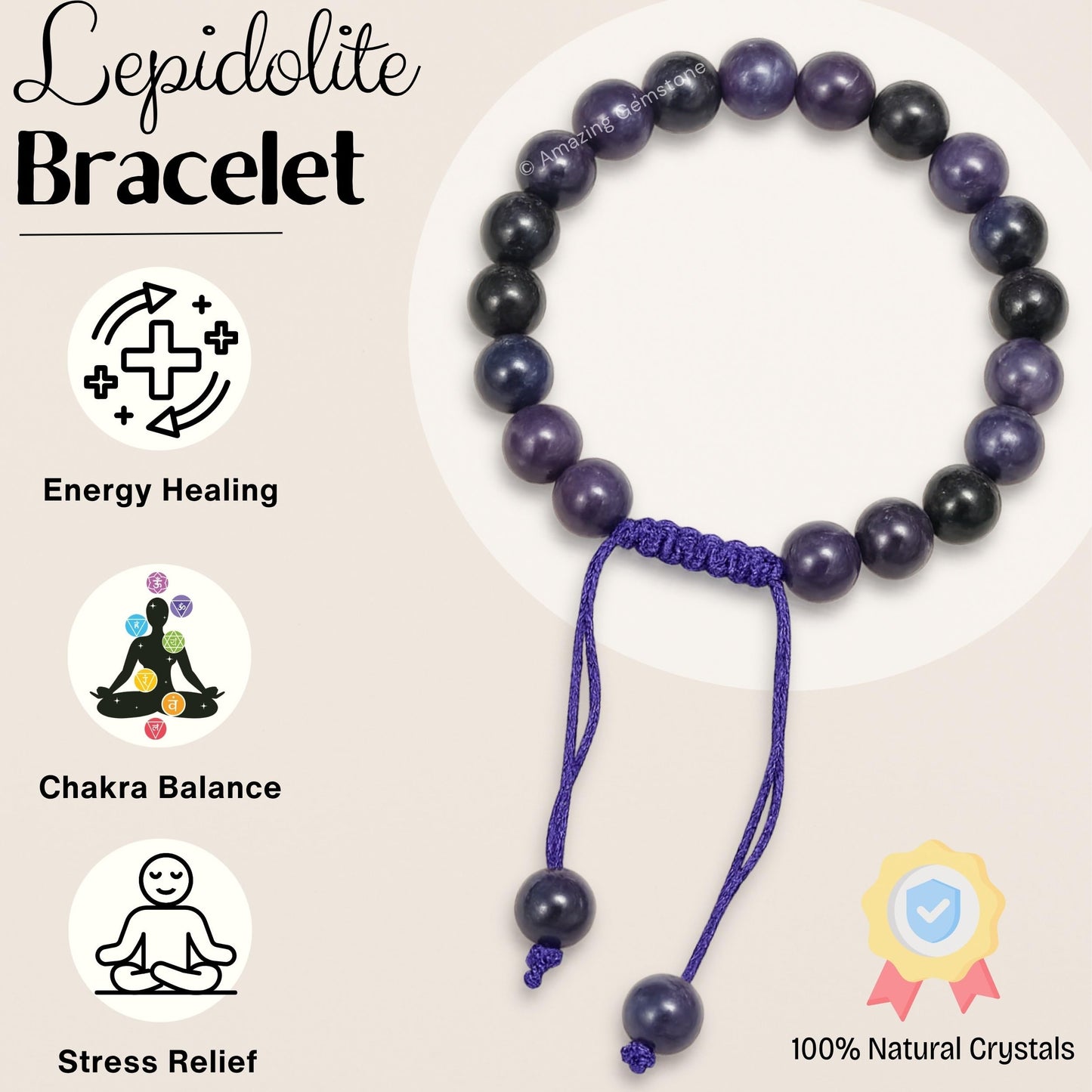 Amazing Gemstone Lepidolite Bracelet for Women Men's Gifts - Protection Healing Crystal Bracelet - 8mm Gemstones Beaded Adjustable Bracelet Pulseras Para Hombres Mujer Stocking Stuffers
