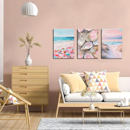 Preppy Coastal Canvas Wall Art Set of 3, Trendy Pink Beach Wall Decor Paintings, Summer Beachy Shells Oyster Aesthetic Posters Prints Pictures for Girls Room Dorm Bathroom Bedroom 12x16 Inch Framed