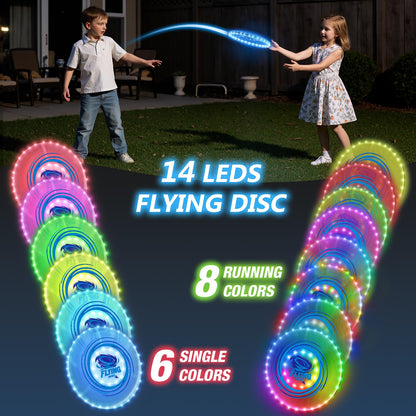 HYES 2 Pack Light up Flying Discs for Kids, 45 LEDs, 14 Lighting Modes, Rechargeable Glow in The Dark Flying Ring for Beach, Camping, Outdoor Game, Sport Toys for Teens Boys Adult