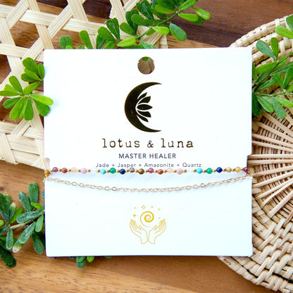 Lotus and Luna 2MM Master Healer Energy Chakra Healing Dainty Layered Bracelet with Real Stones Jade, Pearl, Rose Quartz, Amethyst, Moonstone (Master Healer Yellow Gold)