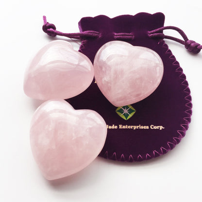 Polar Jade Set of 3 Hand-Carved Natural Rose Quartz Puffy Hearts – Healing Stones for Chakra Energy, Meditation, Massage, and Elegant Decoration