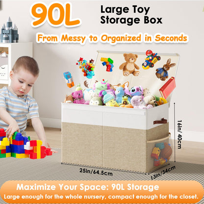 Fineonly Large Toy Storage Box with Lid Upgraded Toy Storage Chest Organizer with Divider Foldable Toy Bin for Kids Boys Girls Playroom Nursery Bedroom (25"x13"x16")