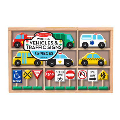 Melissa & Doug Wooden Vehicles and Traffic Signs with 6 Cars and 9 Signs