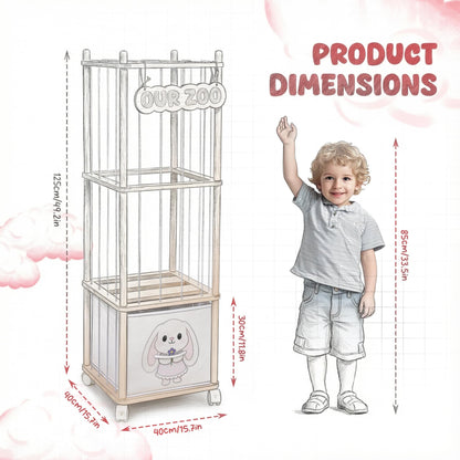 JoyPcsTable Stuffed Animal Storage with Removable Fabric Bins & Locking Wheels, 2-in-1 Wooden Toy Organizer and Display Shelf - Space-Saving for Playroom, Bedroom, Nursery