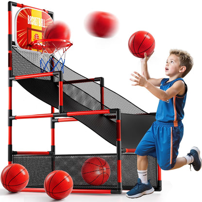 KIZONLY Arcade Basketball Game Indoor, Kids Ajustable Basketball Hoop, Outdoor Carnival Sports Play Toy with 4 Balls and Air Pump, Educational Birthday Gift for Boys Girls 3 4 5 6 7 8 Year Old (Red)