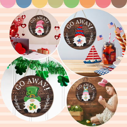 Easter Seasonal Gnome Wall Decor Set, 11.8 inch Wooden Round Sign with Interchangeable Holiday Hats, Go Away Door Hanging (Attractive)