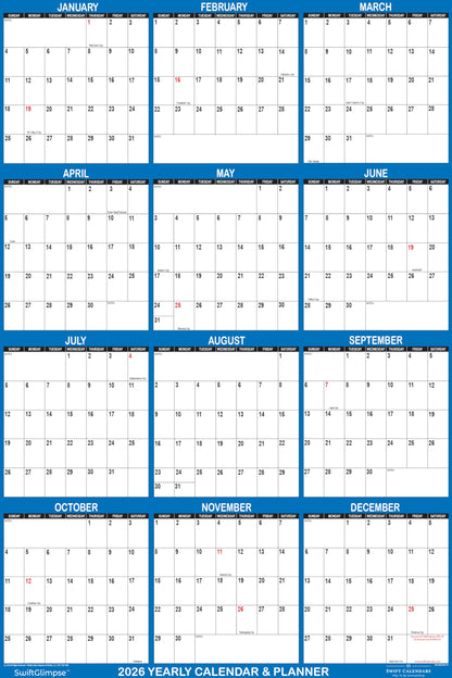 24" x 36" SwiftGlimpse 2026 Wall Calendar Erasable Large Wet & Dry Erase Laminated 12 Month Annual Yearly Wall Planner, Reversible, Horizontal/Vertical, Navy