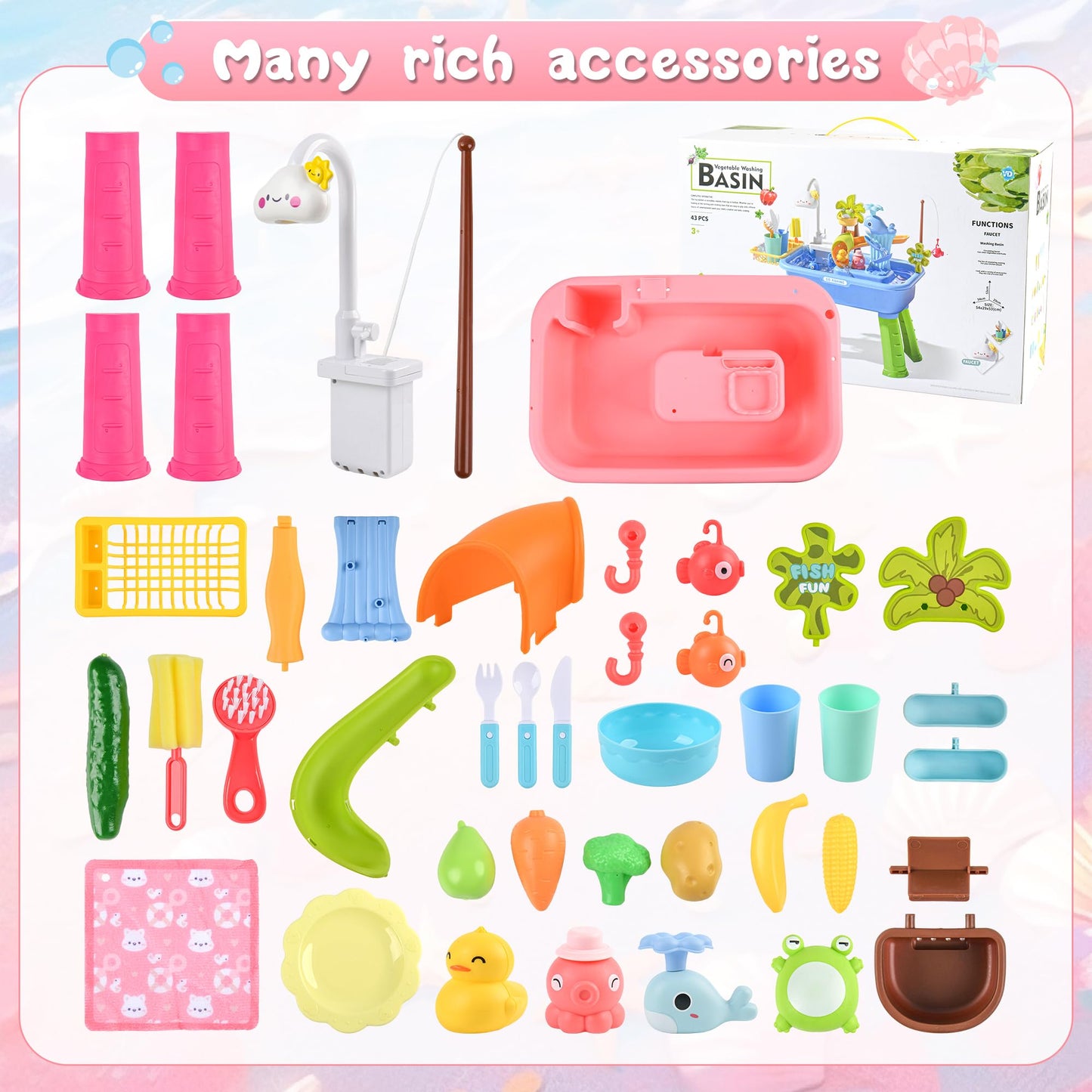 Mobelixy Upgraded Toddler Sand Water Table Toy with Electric Water Pump, Kids Sand Water with Faucet/Play Food Accessories/Fishing Toy, Kitchen Play Sink Toys for Girl Boy Age 3+ (Pink)