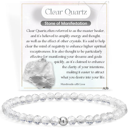 Farfume Clear Quartz - Manifestation - Beaded Bracelets for Women,Handmade Natural Stone 4mm Beads 925 Sterling Silver Stretch Bracelets, Chakra Gemstone Jewelry Gifts for Mom