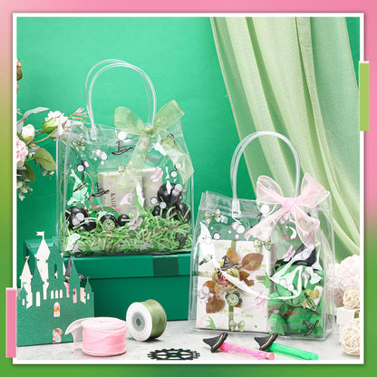 Sweetude 24 Pack Witch Party Gift Bags with Ribbon Bow Witch Party Favors PVC Clear Gift Goodie Bags with Handles for Pink and Green Birthday Decorations Friendship Fans Favors Halloween Decorations