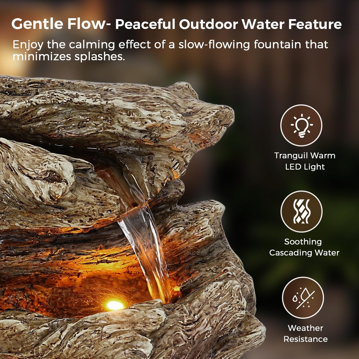 Jocoevol 32" High Outdoor Water Fountain, 5-Tiers Cascading Rock Waterfall Fountain with LED Lights for Garden, Patio, Yard Decor, Soothing Tranquility for Any Outdoor Living Space