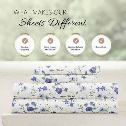 Linen Market 4 Piece Queen Sheet Set - Breathable, Double-Brushed Patterned Cooling Sheets – Ultra Soft & Wrinkle-Free 16" Deep-Pocket Queen Sheets - Easy Care Blossoms Light Blue