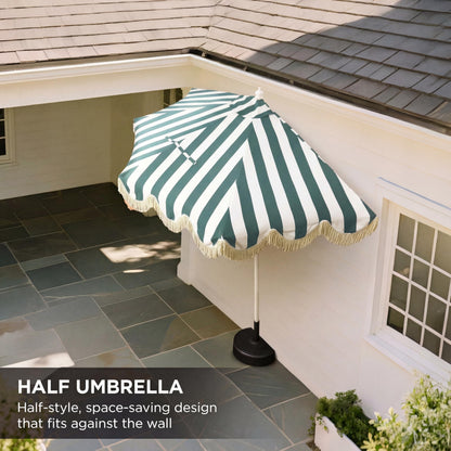 JONATHAN Y Half Umbrella UMB1201L Beverly 9 ft. Designer Classic Scalloped Fringe Market Patio with Crank, Tilt Button and UV Protection in Green/White, White Pole