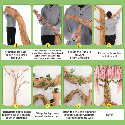 XunYee 3D Wisteria Tree Wall Decor for Room Classroom Ceiling Artificial Wisteria Hanging Flowers DIY Cardboard Paper Tree with Green Vine Kraft Paper Fairy Bulletin Board Decorations(Pink)