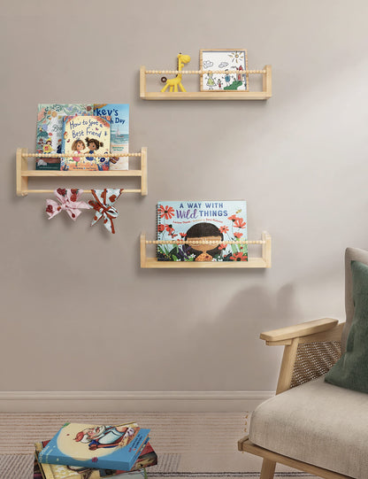 Maxpeuvon Nursery Floating Shelves for Wall, Set of 3 Book Shelves Natural Wood Wall Mounted Organizer with Towel Bar Hanging Bookshelves Nursery Decor for Kids Room, Bedroom and Kitchen