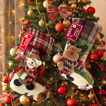 ETERAMUS 21 inch Plaid Christmas Stockings Deer, Bear, Animal One Piece, Felt Large Plush 3D Reindeer Snowman Design Hanging Stocking for Girls Boys Xmas Tree Mantel Party Decor (Green)