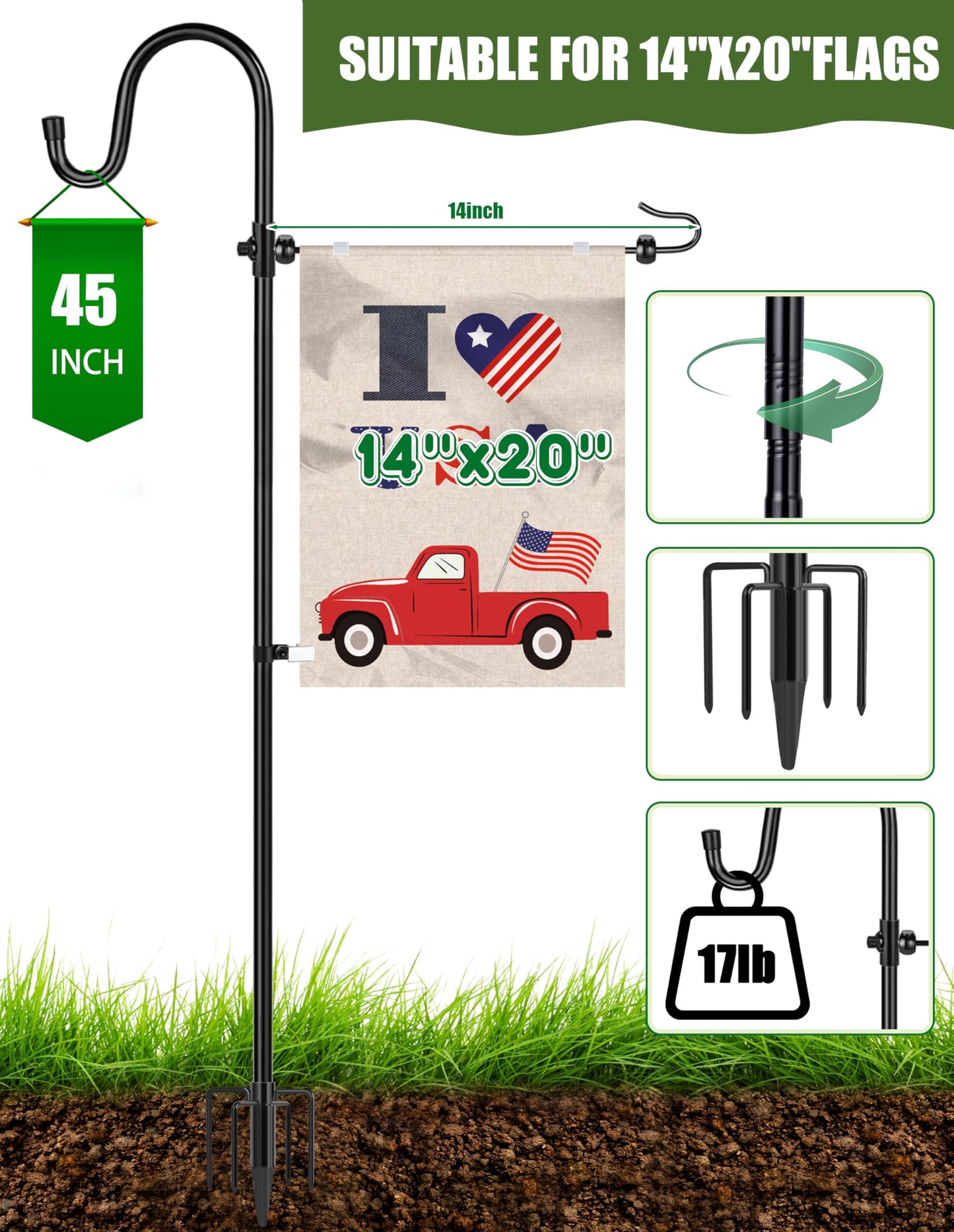XDW-GIFTS Garden Flag Stand, Sturdy 2-Pack Flag Pole Holder with Shepherd Hook for Yard Decorations Outdoor Garden Flag Holder for 14''x20'' Flags 45 in Heavy Duty Yard Flag Post Stake (Without Flag)