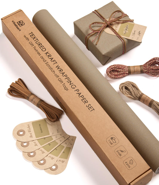 Vitalizart Textured Wrapping Paper Set 17" Roll Twine Ribbons & Tags Extra Thick All-in-One Neutral Tan Kraft Christmas Gift Wrap Birthday Baby Shower Wedding Crafts Vintage Minimalist Housewarming Flower Book