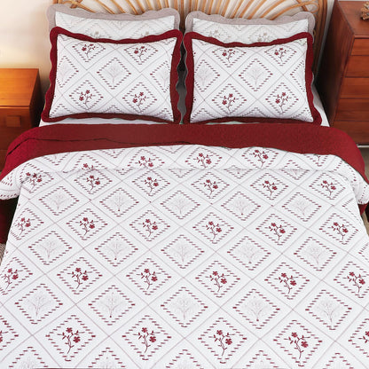 Cmfshape Floral Embroidery Quilt Set,3 Pieces Oversized King Quilt Bedding Set,Classic Diamond Pattern Quilts,Ultra Soft Lightweight Reversible Bedspread Coverlets for All Season(Burgundy,120"x120")