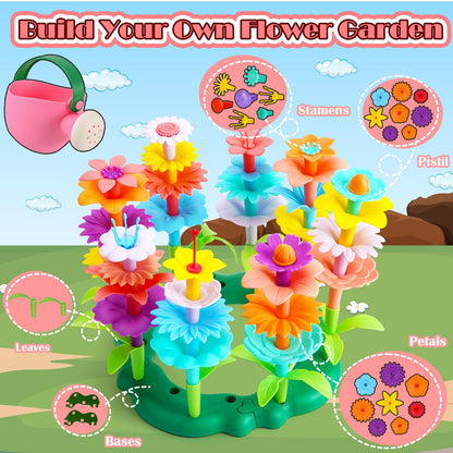 FUNZBO Girl Flower Garden Building Toys Set - Birthday Gifts for Age 2 3 4 5 6 Years Old Girls, STEM Montessori Educational Toy for Toddler Kids, Sorting & Stacking Spring Gardening Set