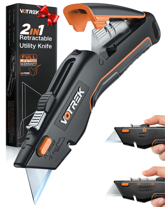 VOTREK® Box Cutter Utility Knife, [2-in-1] Retractable Box Cutter, with Blade Storage, Safety All Metal Heavy Duty Sharp Razor Knife for Home & Warehouse Cardboard, Carton, with Extra Blades