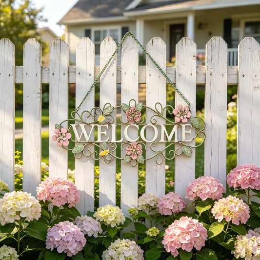 Vintage Welcome Wall Decor Metal Hanging Welcome Sign Rustic Farmhouse Distressed Flower and Butterfly Welcome Sign Decoration for Garden Porch Patio Yard Outdoor 16.5"L (Colorful)