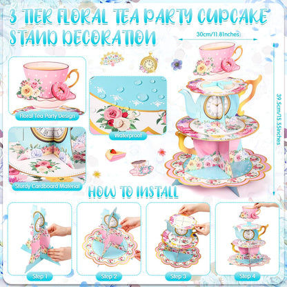 SiliFine 106 Pcs Tea Party Supplies for 12 Guests Include Plates Tea Cups Saucers Napkins Cupcake Stand Tablecloth Banners Floral Tea Party Tableware Set for Girls Birthday Baby Shower Party Favors
