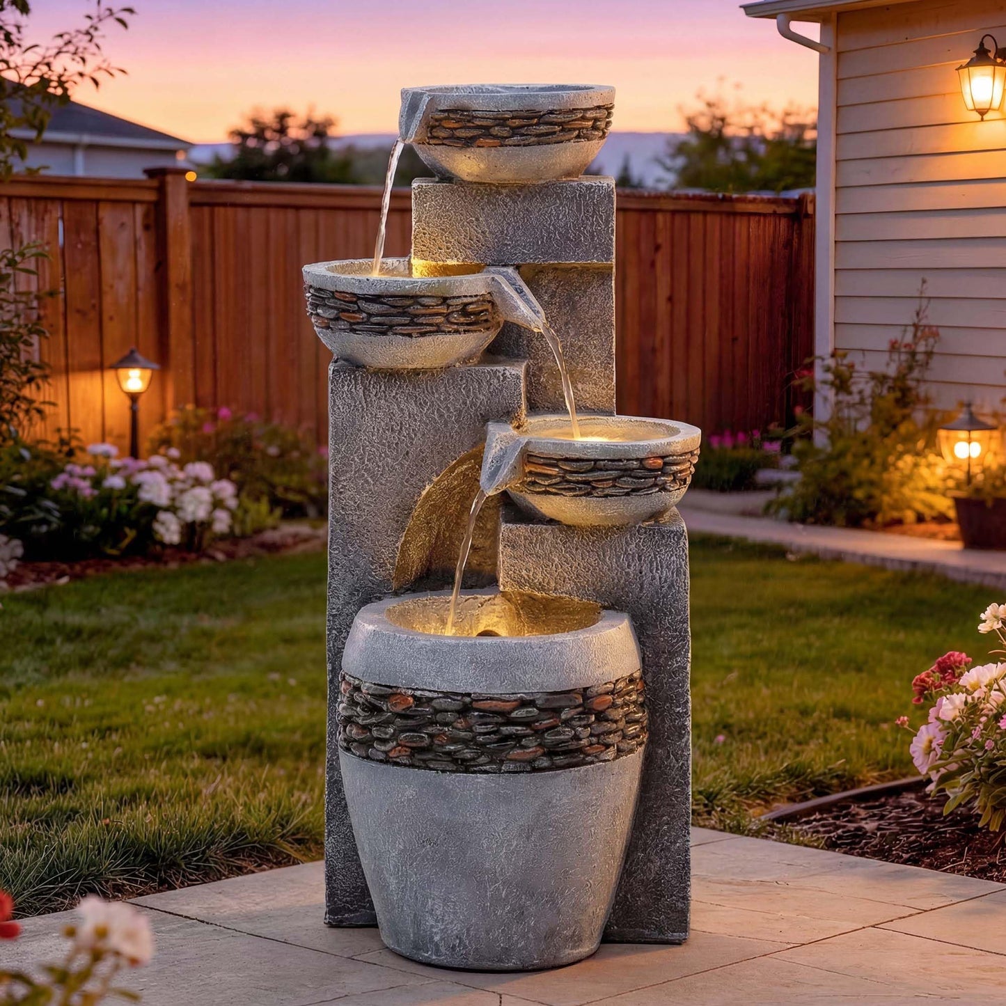 Autodaya 19.5" Tall 4-Tier Pedestal Outdoor Water Fountain with LED Lights and Pump, Relaxing Garden Fountain Waterfall for Patio, Porch, or Yard