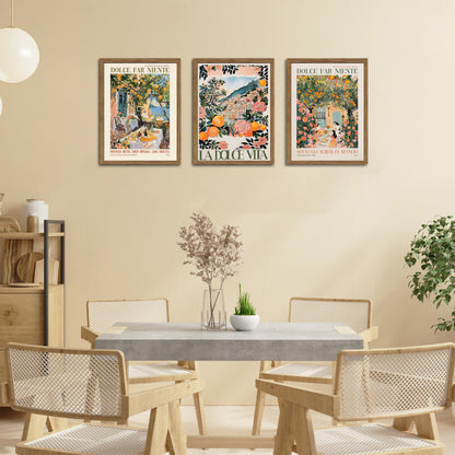 Framed Italian Scenery Wall Art Set of 3, Amalfi Coast Kitchen Wall Art, Vintage City Landscape Canvas Print, Trendy Italian Food Pictures Artwork for Living Room Dining Room – 16x24 inch