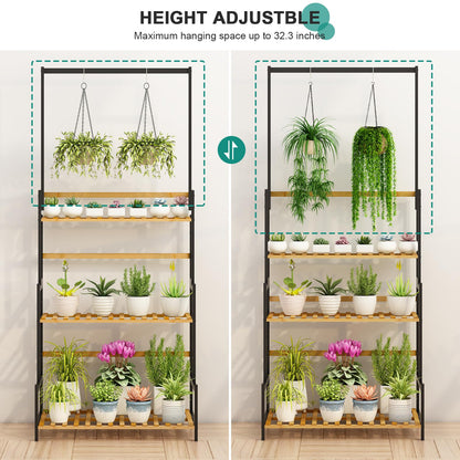 Ufine Bamboo Hanging Plant Stand 3 Tier Ladder Shelf with Hanging Rod Height Adjustable Flower Pot Display Organizer for Balcony Porch Living Room