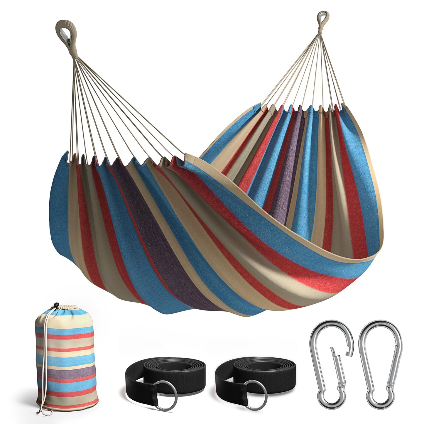 Sorbus® Brazilian Double Hammock - Extra-Long Two Person Portable Hammock Bed for Indoor or Outdoor Spaces - Hanging Rope, Carrying Pouch Included (Blue/Sand/Purple/Red Stripes)