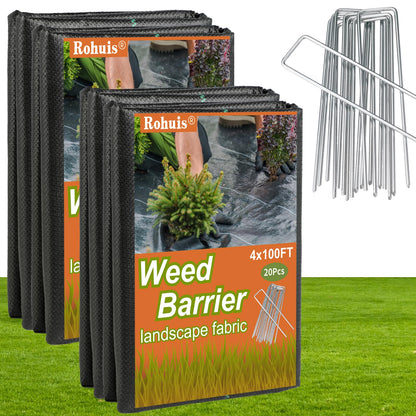 Rohuis 4ft x 100ft Weed Barrier Landscape Fabric, Heavy Duty Woven Ground Cover for Garden, Weed Control Mat for Gardening Driveway Landscaping, Weed Blocker Cloth with 20 U-Shaped Securing Pegs