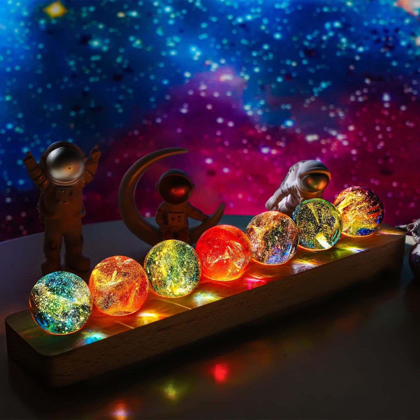 KRISININE 7 Chakra Natural Healing Spheres with LED Wooden Stand 40mm Crystal Quartz Stones for Meditation Positive Energy Night Light Decoration