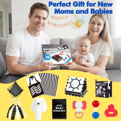 URMYWO 10 Pcs High Contrast Black and White Baby Toys for Newborn, Tummy Time Mirror, Rattle, Teether, Visual Stimulation Learning Cards, Sensory Toys for 0-6 Months, Baby Boy Girl Gift